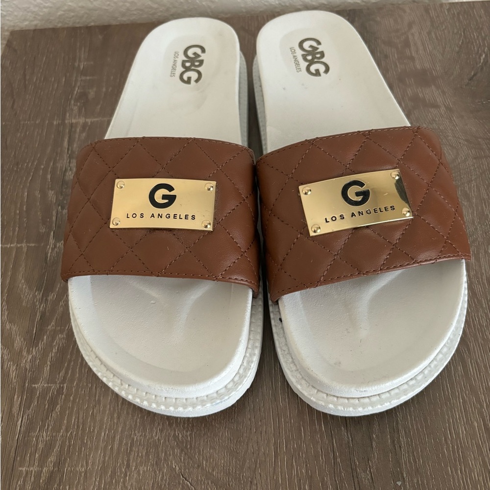G by Guess Brown Leather / White Bottom Slides with Gold Logo